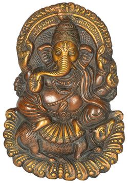 Brass Wall Hanging of Ganesha Seated on a Rat (Flat Statue) 9 inches