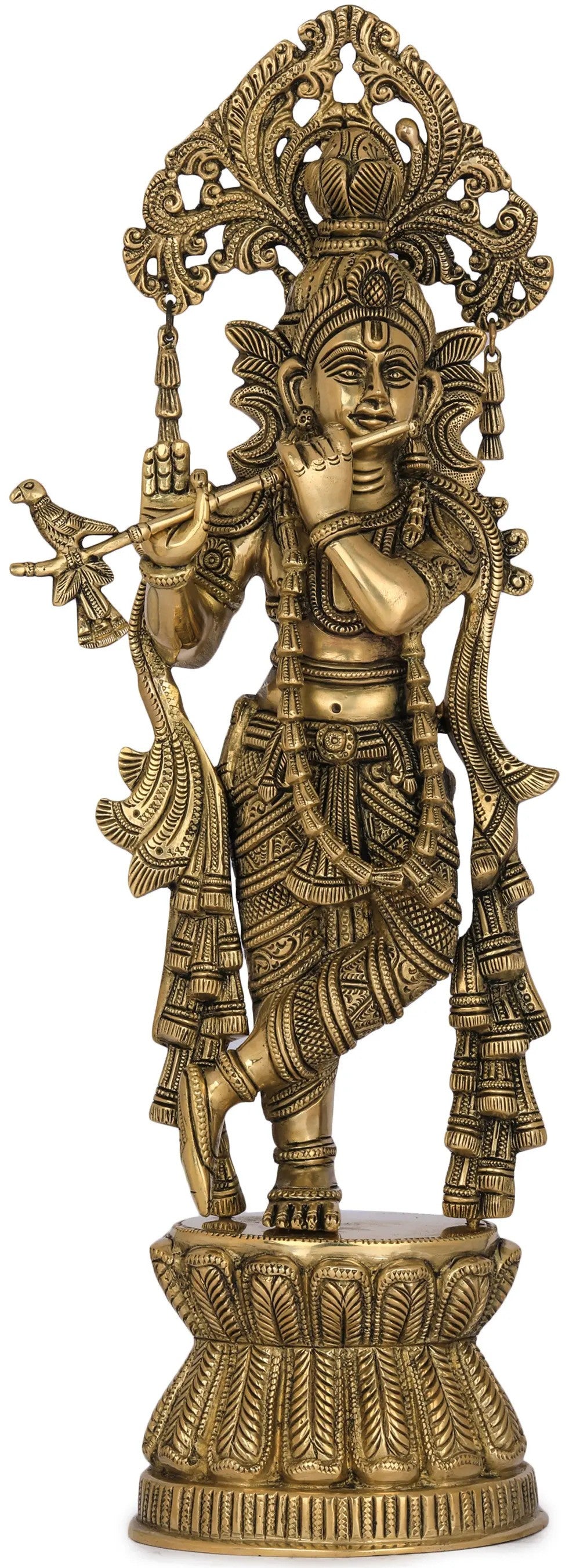 Handmade Brass Sculpture of Krishna Playing the Flute 17 Inches