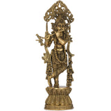 Handcrafted brass Krishna statue playing flute with ornate headdress, 17 in.