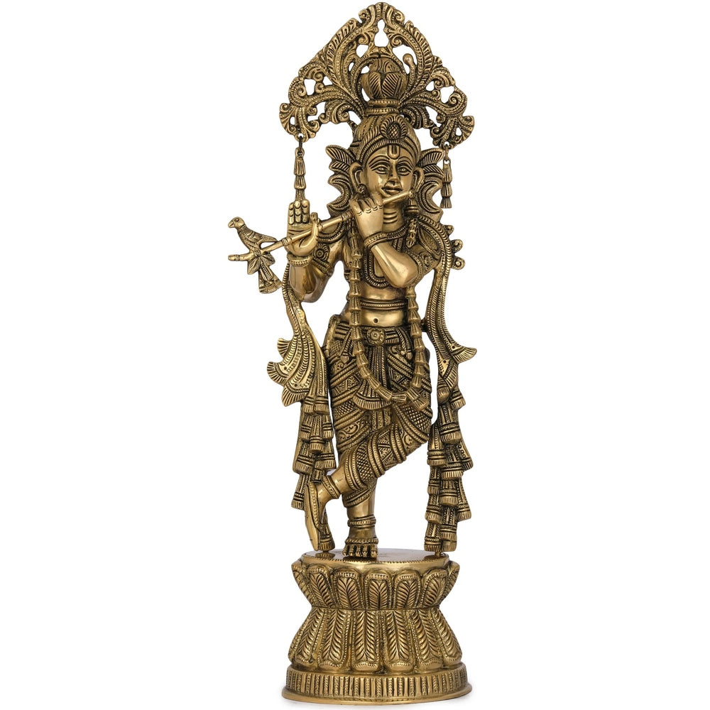 Handcrafted brass Krishna statue playing flute with ornate headdress, 17 in.