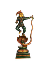 Henna-touch brass Lord Krishna statue defeating Kaliya, standing on serpent base
