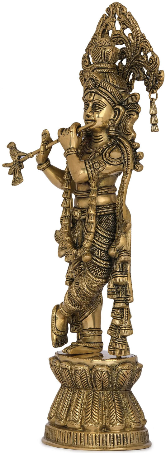 Handmade Brass Sculpture of Krishna Playing the Flute 17 Inches