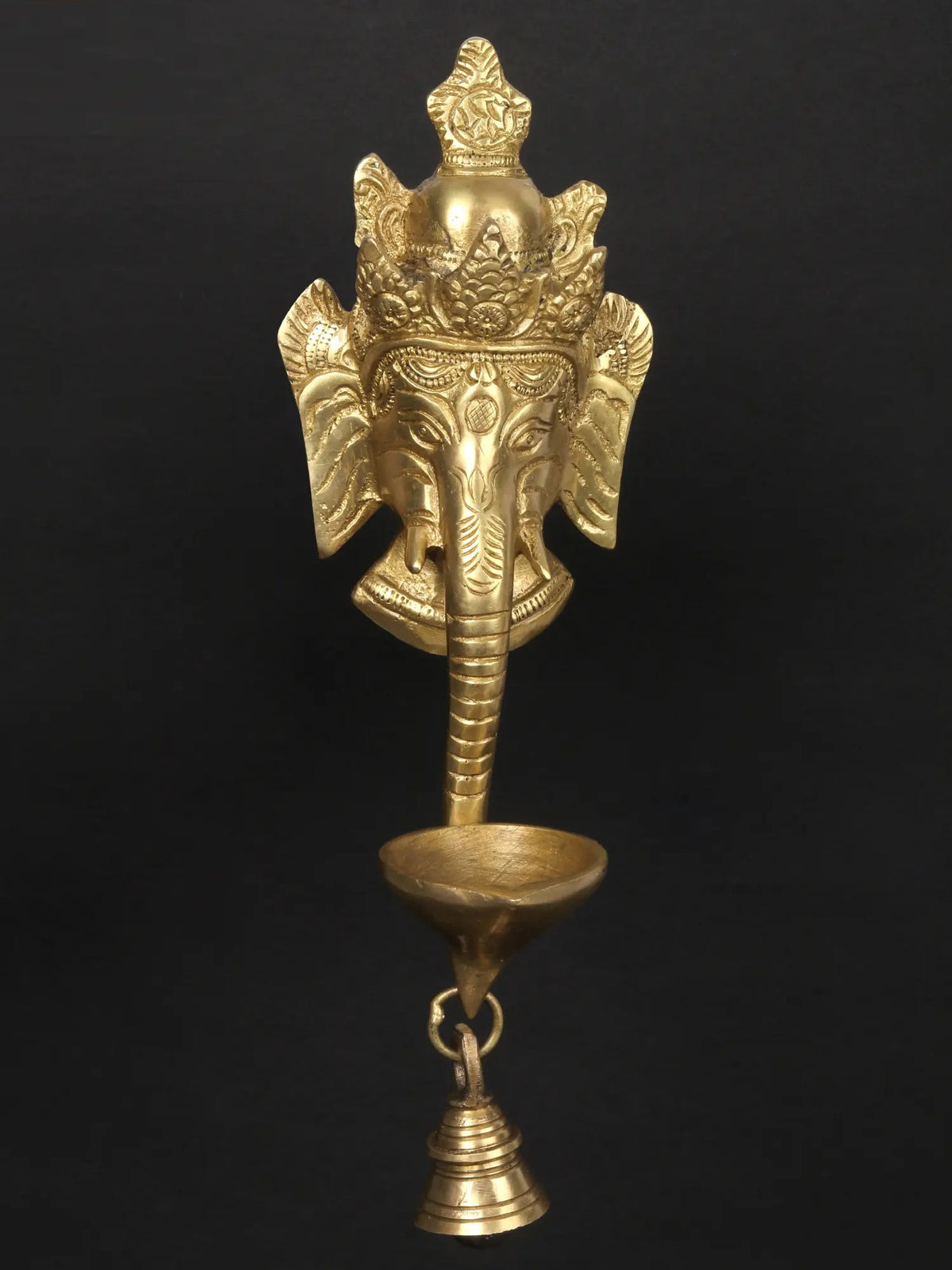 Lord Ganesha wall hanging mask with brass diya and bell, gold, 11 in