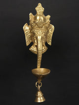 Lord Ganesha wall hanging mask with brass diya and bell, gold, 11 in