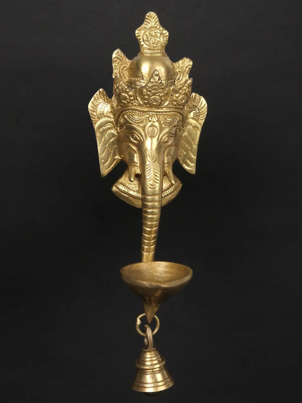 Lord Ganesha Wall Hanging Mask with Brass Diya and Bell 11 inches