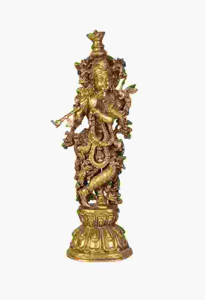 Handmade natural brass Murli Krishna statue, 24 inches, standing with ornate details