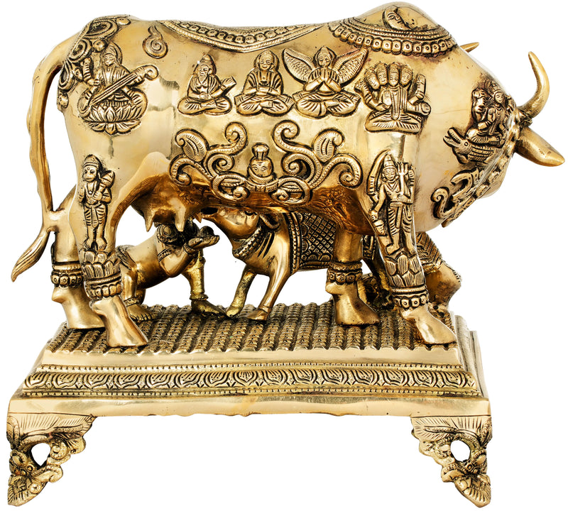 Handmade Brass Sculpture of the Belief: "All Gods Live in the Body of a Cow" 12 inches