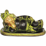 Relaxing Ganesha brass statue, black, green and gold, 6 inches, reclining