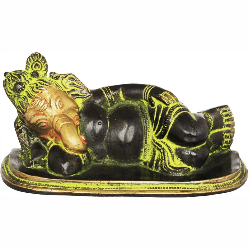 Black Green Gold Handmade Brass Statue of Relaxing Ganesha 6 inches