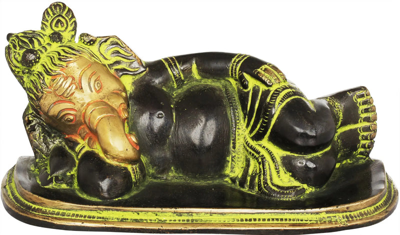 Black Green Gold Handmade Brass Statue of Relaxing Ganesha 6 inches