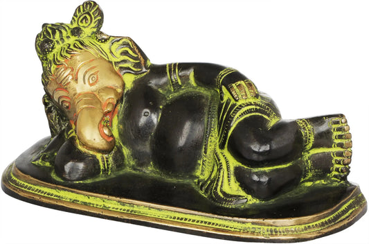 Black Green Gold Handmade Brass Statue of Relaxing Ganesha 6 inches