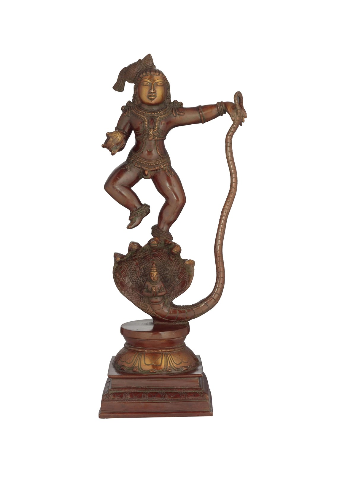 18-inch brass Krishna statue defeating Kaliya, on serpent pedestal