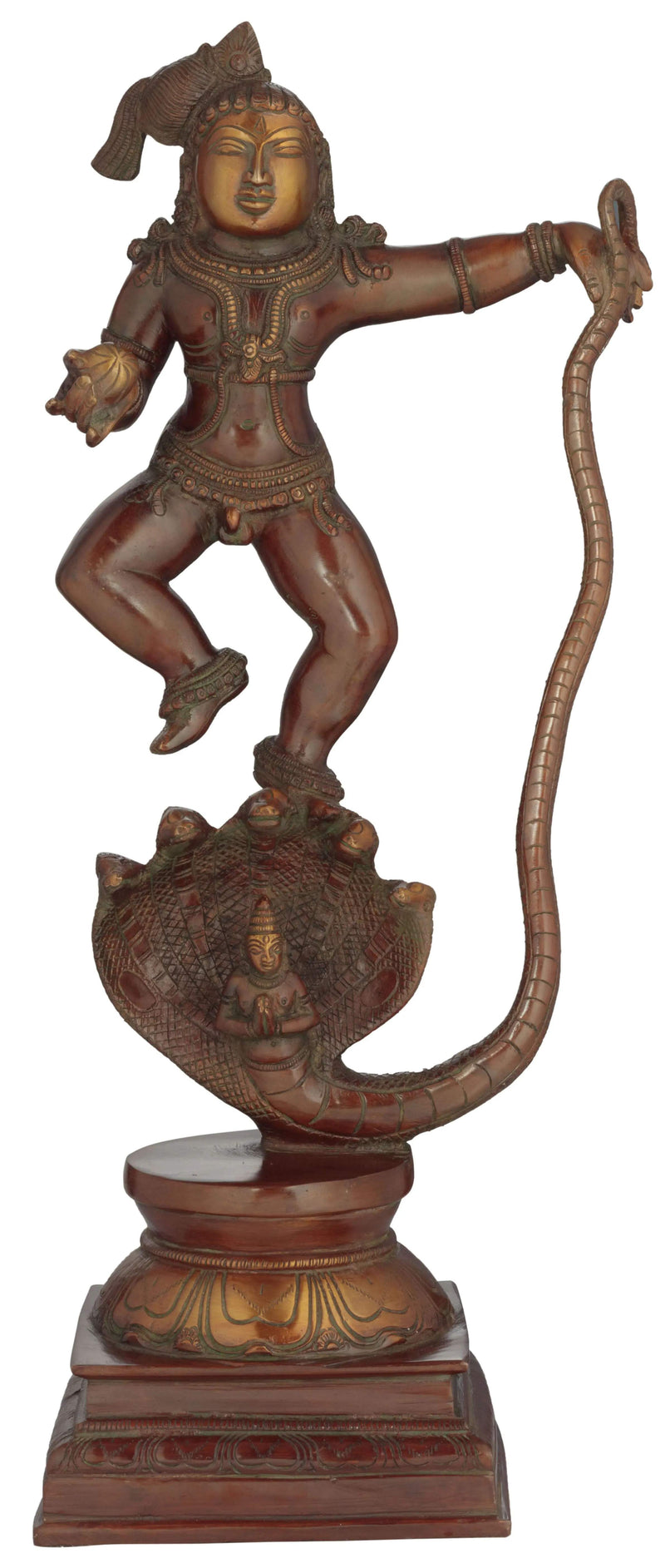 Double Chala Brass Statue Depicting Lord Krishna Vanquishing Kaliya 18 Inches