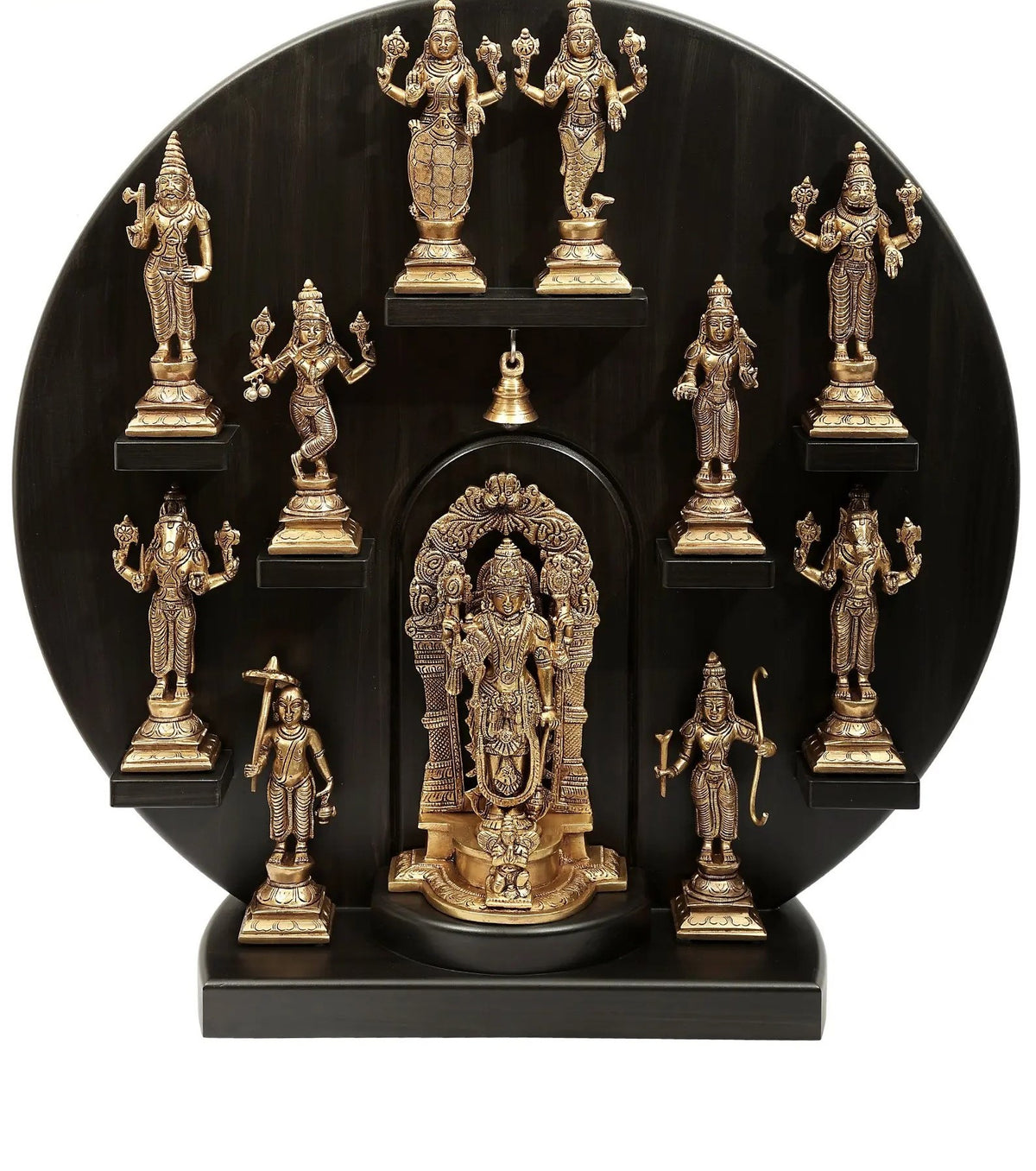Handmade brass circular Dashavatara panel with central deity and detailed figurines