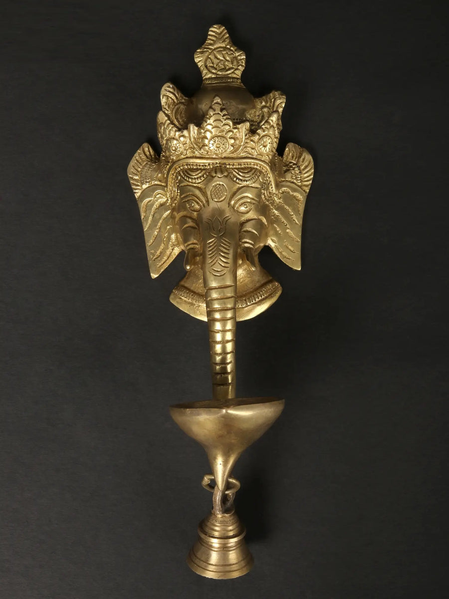 Lord Ganesha Wall Hanging Mask with Brass Diya and Bell 11 inches Craft Detail