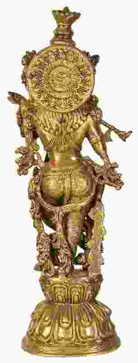 Natural brass Murli Krishna statue with detailed back ornamentation, 24 inches