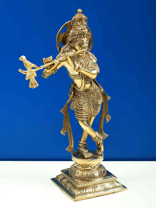 Amazing Natural Brass Statue of Lord Krishna Playing the Flute 12 inches