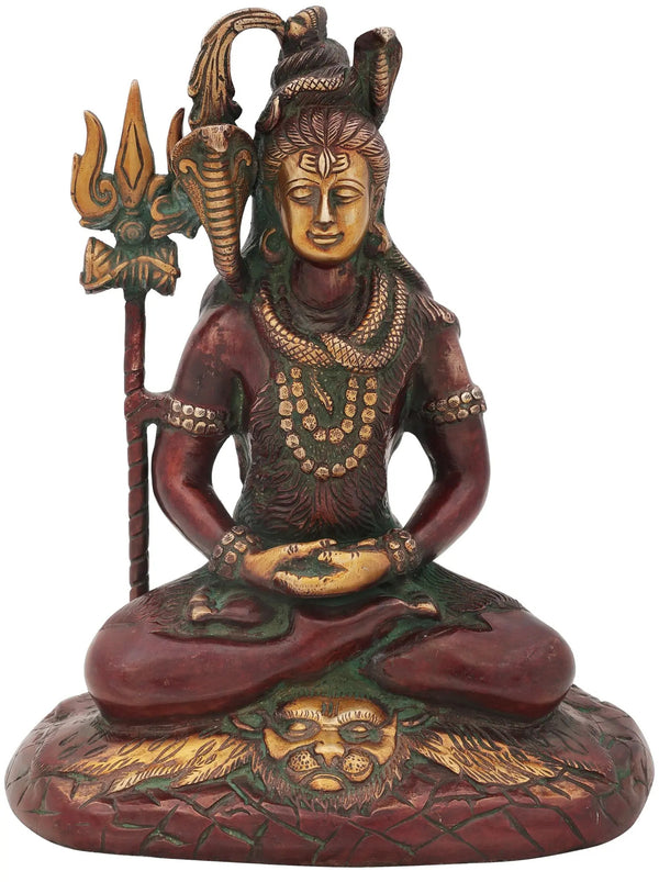 Mahayogi Shiva Red Gold Brass Idol Seated on Tigerskin | Handmade Statue 10 Inches