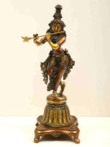 AONA 12-inch brass Lord Krishna statue on high pedestal, flute pose