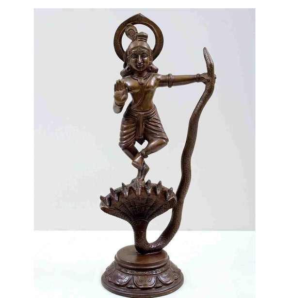 Brass Statue Depicting Kaliya Vijaya Lila of Shri Krishna 13 inches