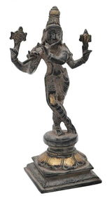 Antique black-gold brass Lord Murli Krishna statue on pedestal, standing pose