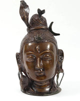 Lord Shiva head brass statue, front view with serene face and raised arms