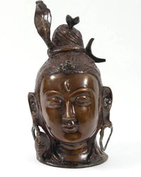 Lord Shiva head brass statue, front view with serene face and raised arms