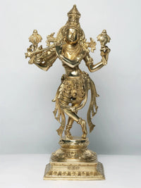 AONA natural brass Krishna statue as Vishnu avatar, 21 in, four-armed pose