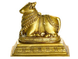 Brass Nandi idol statue, ornately detailed bull with decorative base, 6 inch