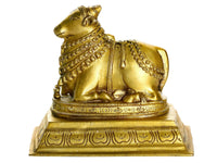 Brass Nandi idol statue, ornately detailed bull with decorative base, 6 inch