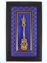 Brass ritual spoon of Lord Krishna in wooden wall frame, hanging art, 17 inch