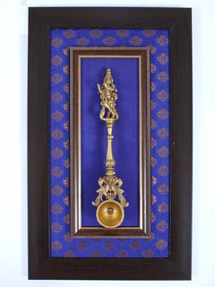 Brass ritual spoon of Lord Krishna in wooden wall frame, hanging art, 17 inch