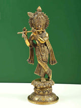 Brass standing Krishna statue holding flute, ornate crown, detailed base
