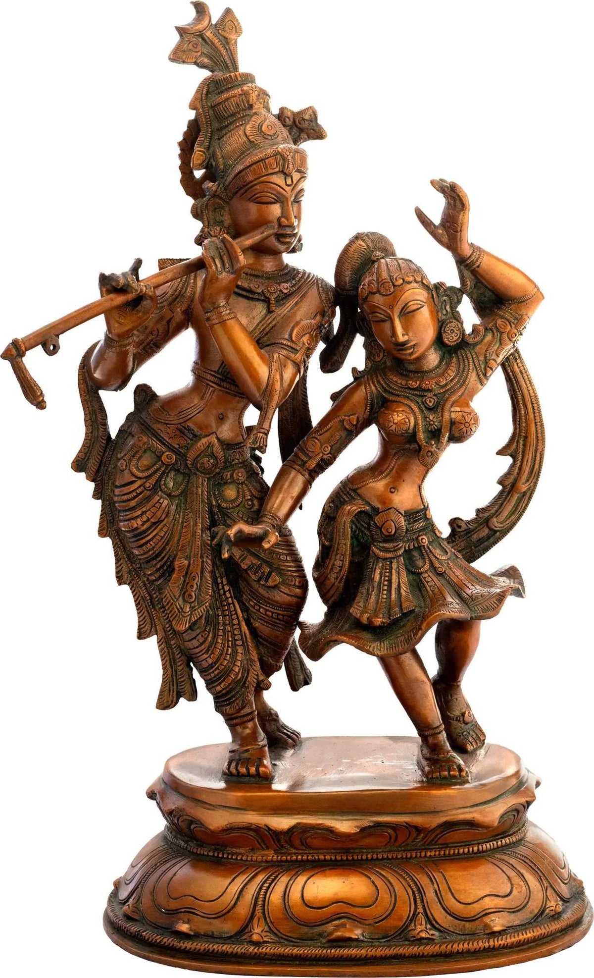 Brass Radha-Krishna dancing statue, raised hands, detailed jewelry on circular base