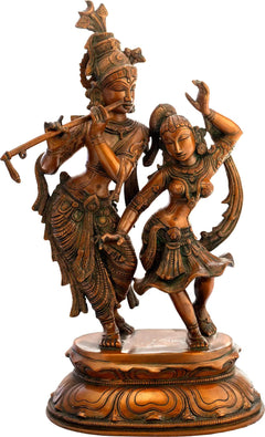 Brass Radha-Krishna dancing statue, raised hands, detailed jewelry on circular base
