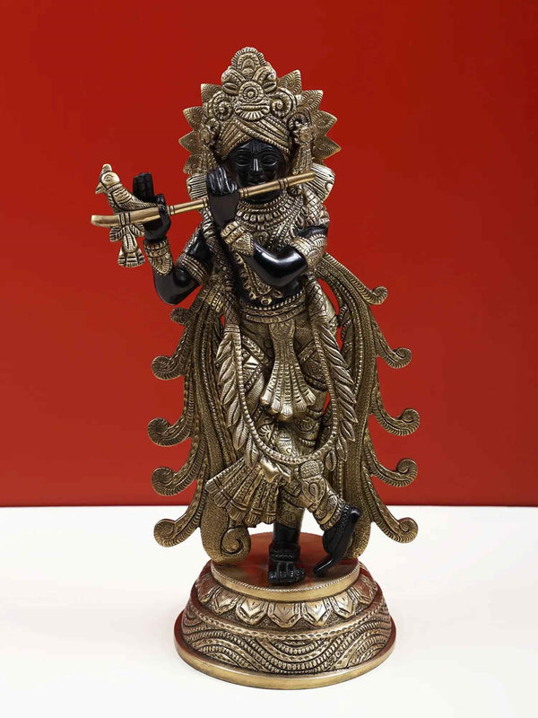 Black with natural Brass Statue of Lord Krishna Playing the Flute 13 Inches