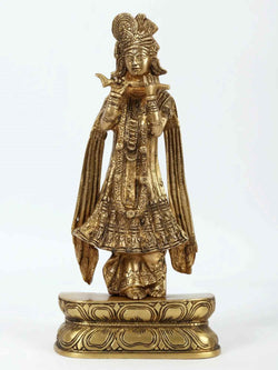 Brass statue of Krishna Gopala traditionally dressed and playing the flute 13 Inches