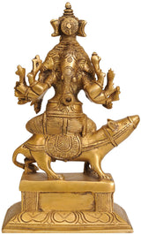 Brass five-headed Ganesha on mount, raised hands and engraved jewelry, pedestal base