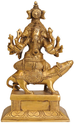 Brass five-headed Ganesha on mount, raised hands and engraved jewelry, pedestal base