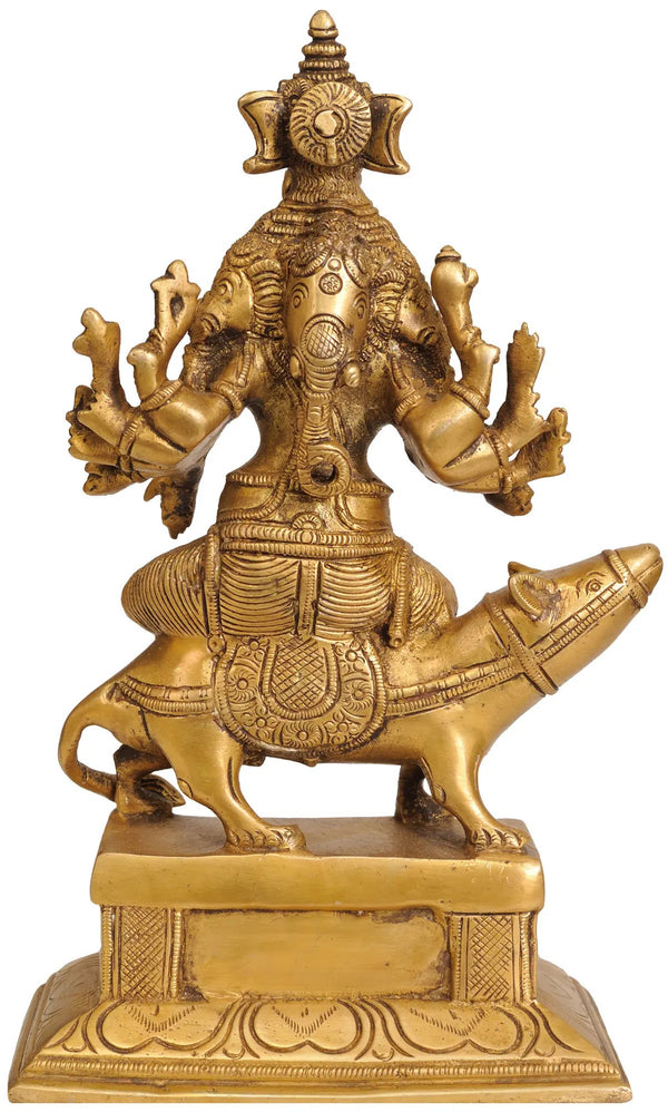 Brass Five Headed Lord Ganesha Seated on His Mount Entryway Setting