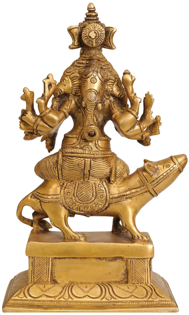 Brass Five Headed Lord Ganesha Seated on His Mount