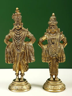 Brass Statue of Lord Vitthal and Goddess Rukmini on Pedestal 8 inches