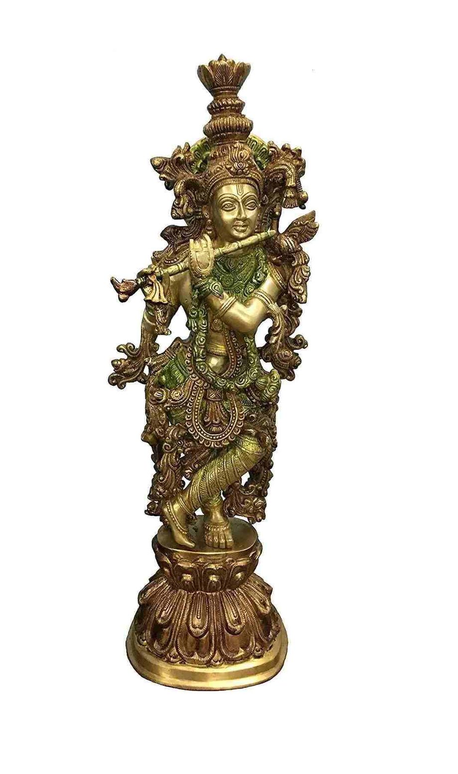 Handmade brass Krishna statue, standing with ornate crown and flowing garments, 24 in