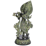 Handmade brass Krishna flute sculpture with ornate crown and draped sashes, 13 in