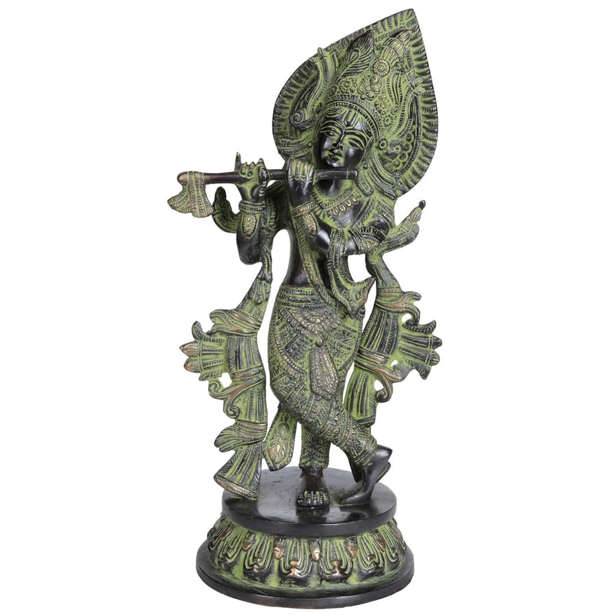 Handmade brass Krishna flute sculpture with ornate crown and draped sashes, 13 in