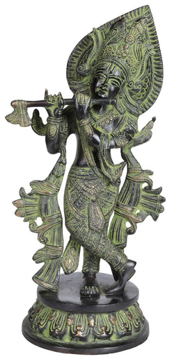 Handmade Brass Sculpture of Krishna Playing His Flute, Adorned with a Gorgeous Crown and Sashes 13 Inches