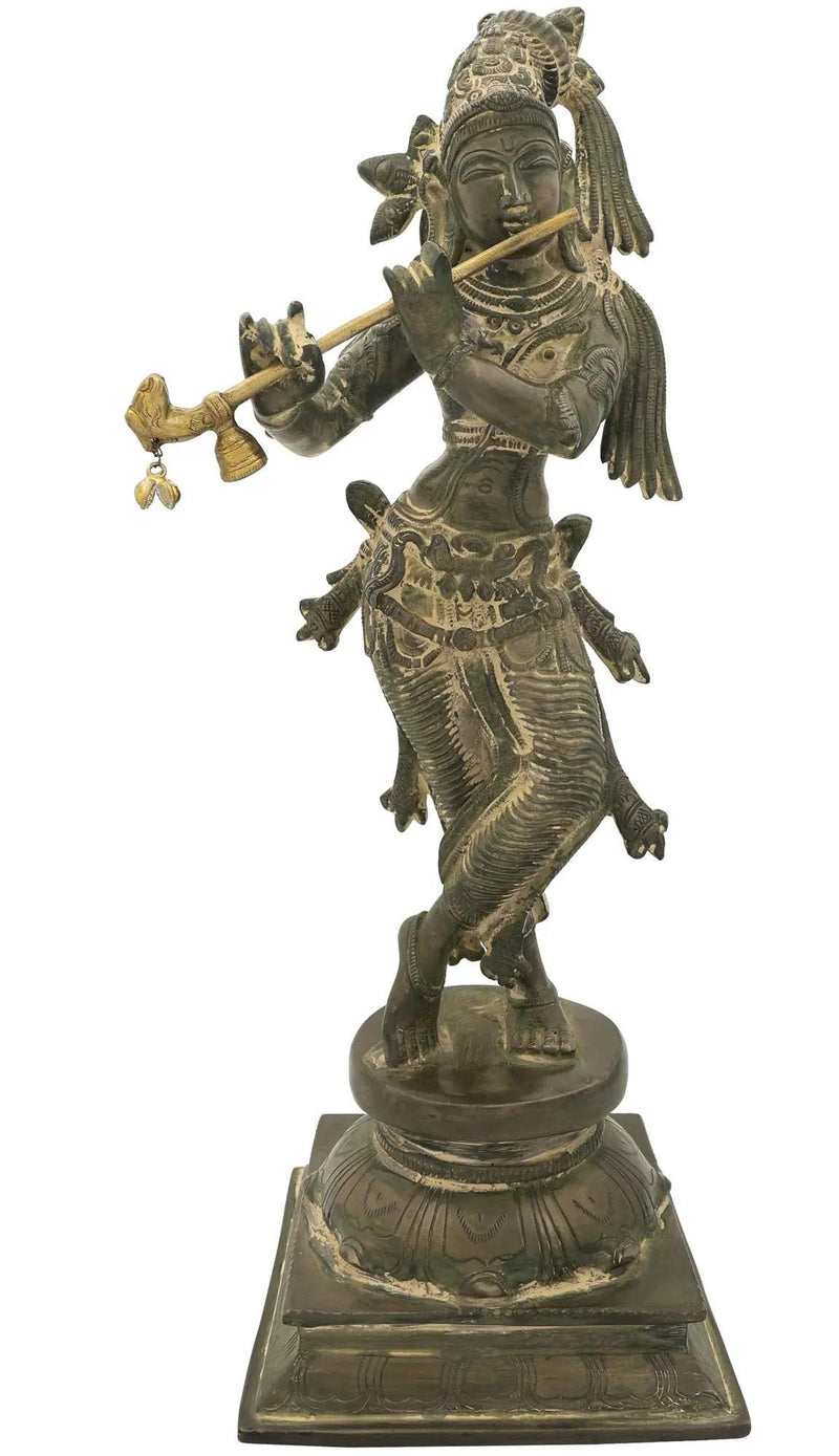 Antique Green Brass Statue of Standing Lord Krishna Playing the Flute 14 inches