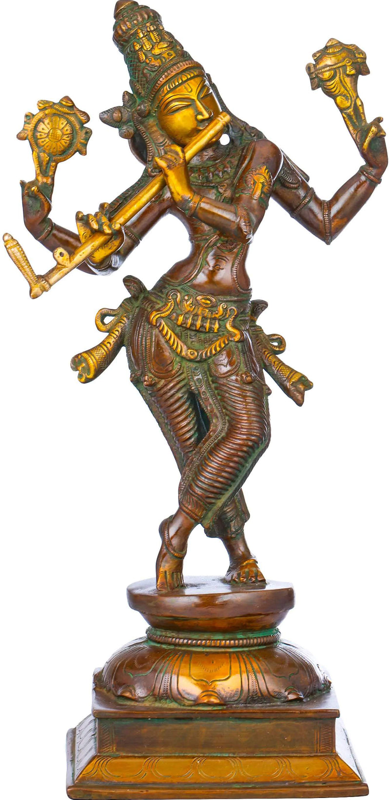 Double chala Handmade Brass Statue Depicting Lord Krishna's Cosmic Form, the Eighth Incarnation of Vishnu 14 inches