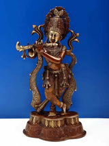 Brown brass standing Krishna statue playing flute, ornate crown and jewelry, 14 inch
