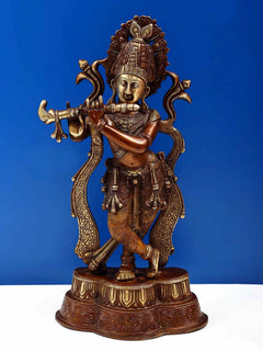 Brown brass standing Krishna statue playing flute, ornate crown and jewelry, 14 inch